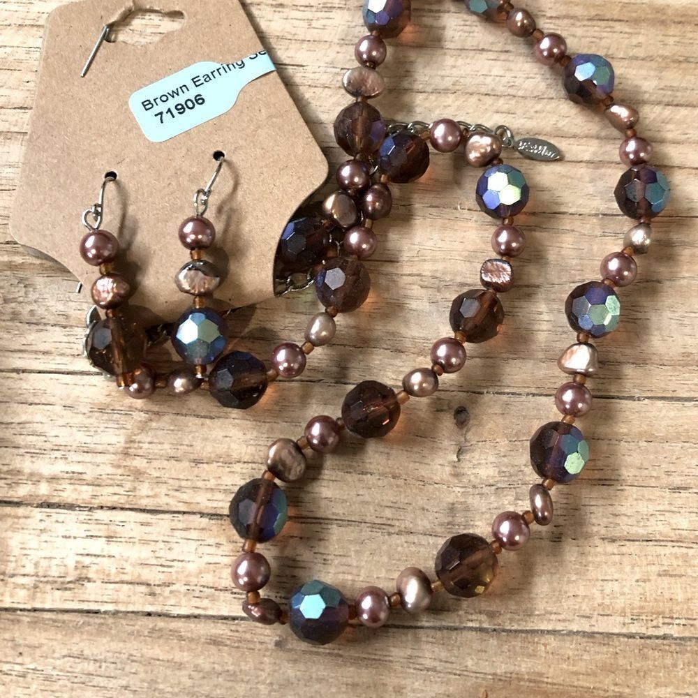 Sparkly Brown Pearl Beaded Necklace Earrings Set